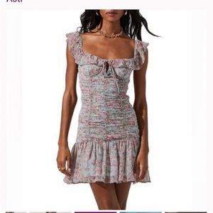 Astr the Label Off the Shoulder Ruched Floral Mini Dress in Teal Pink Floral